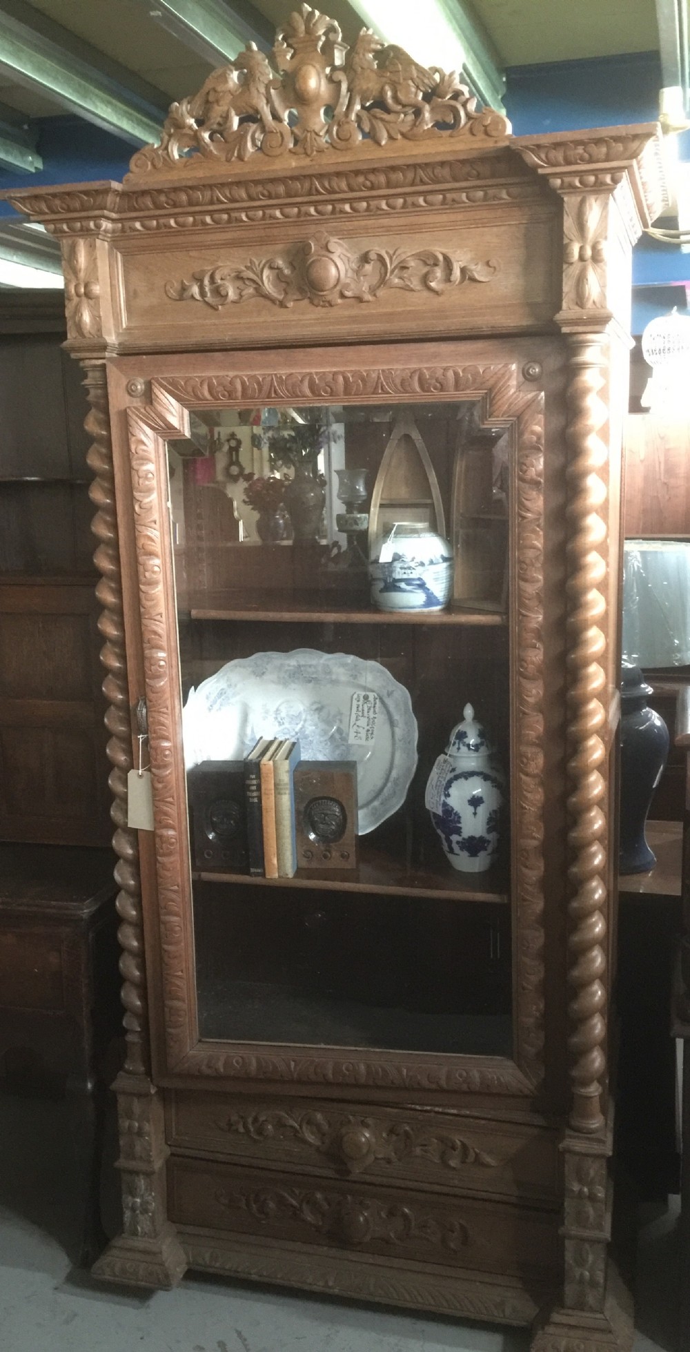 Nineteenth century carved oak display cabinet 