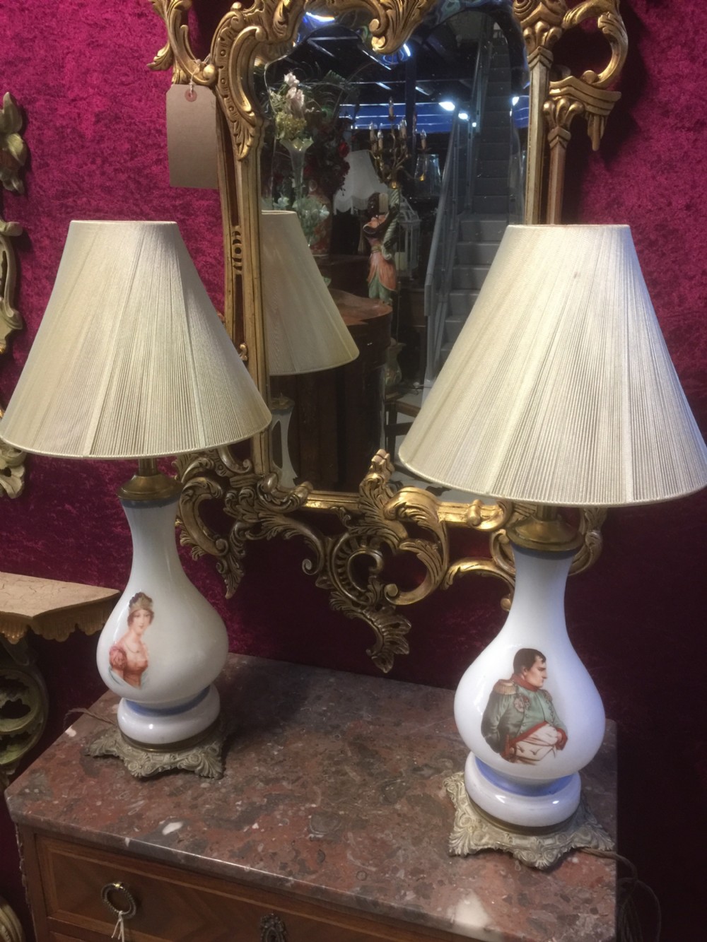 Pair Of Victorian milk glass oil lamps professionally converted to electricity 