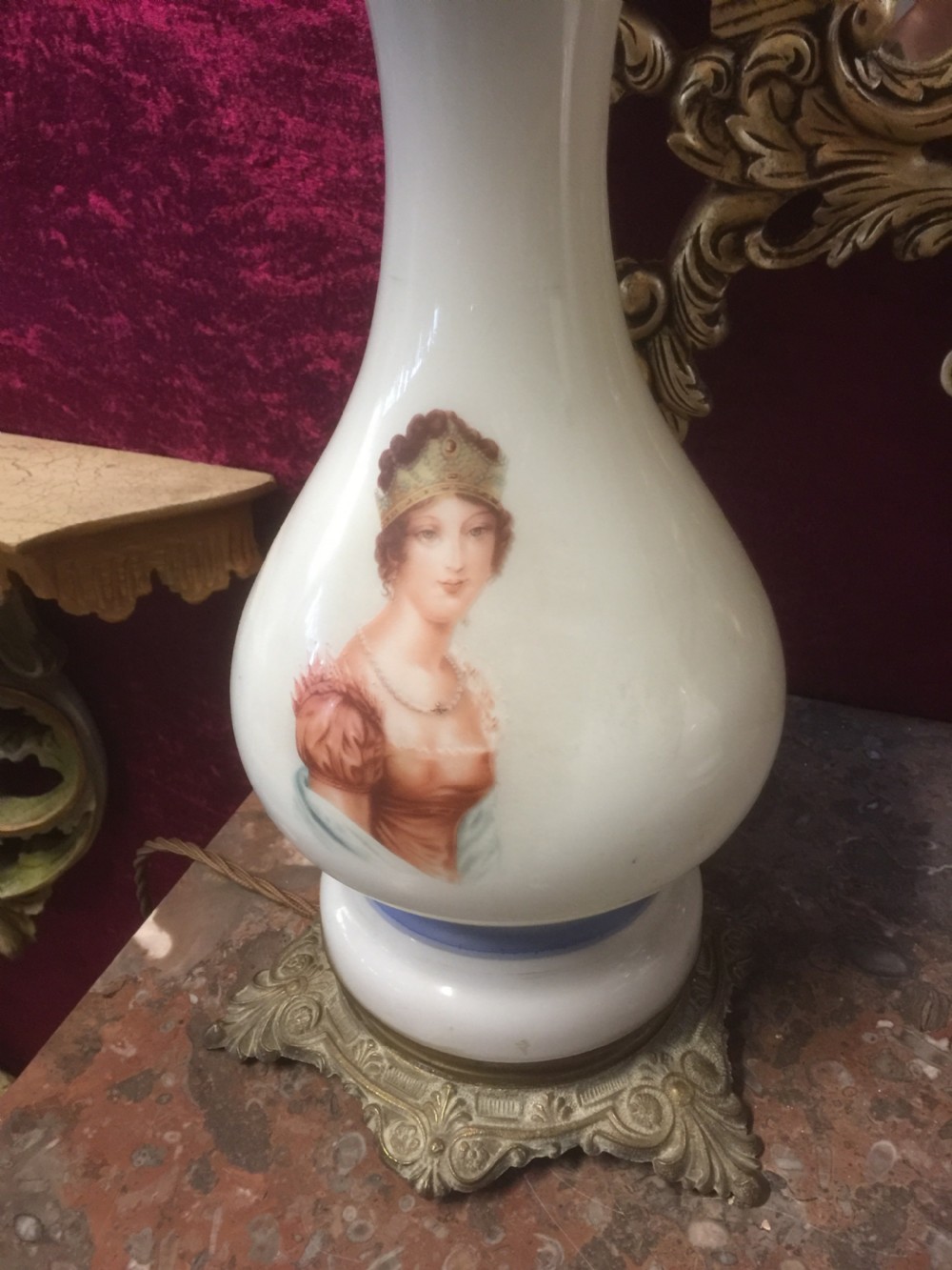 Pair Of Victorian milk glass oil lamps professionally converted to electricity  View IV