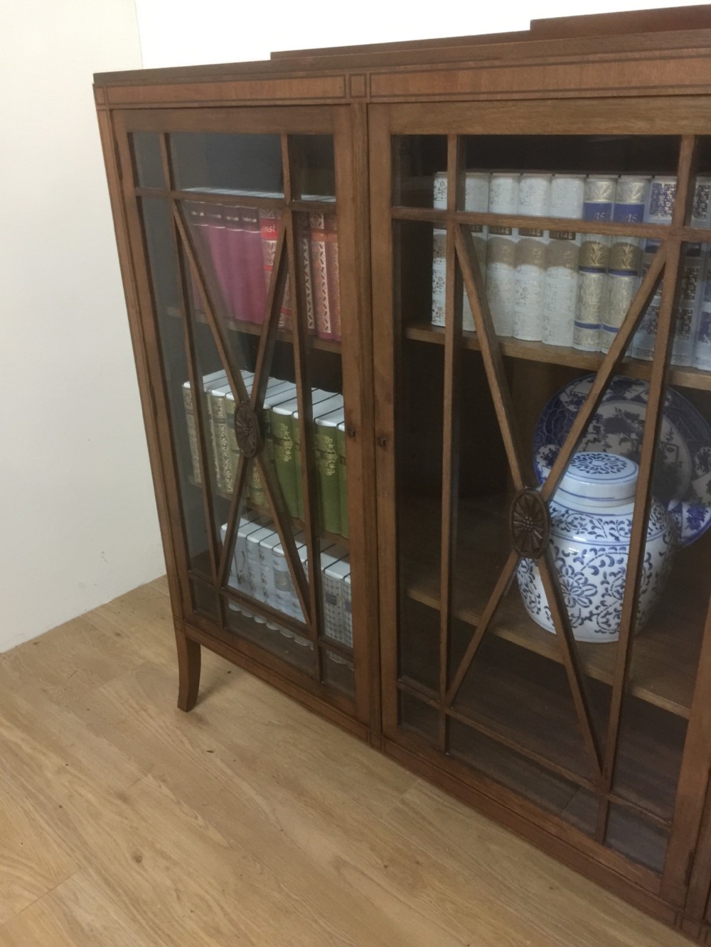 Edwardian mahogany three door glazed bookcase with ebony stringing  View IV