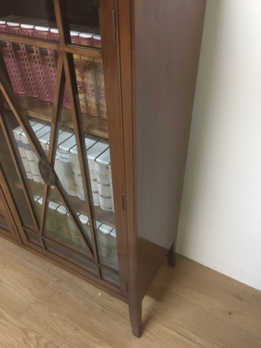 Edwardian mahogany three door glazed bookcase with ebony stringing  View VIII