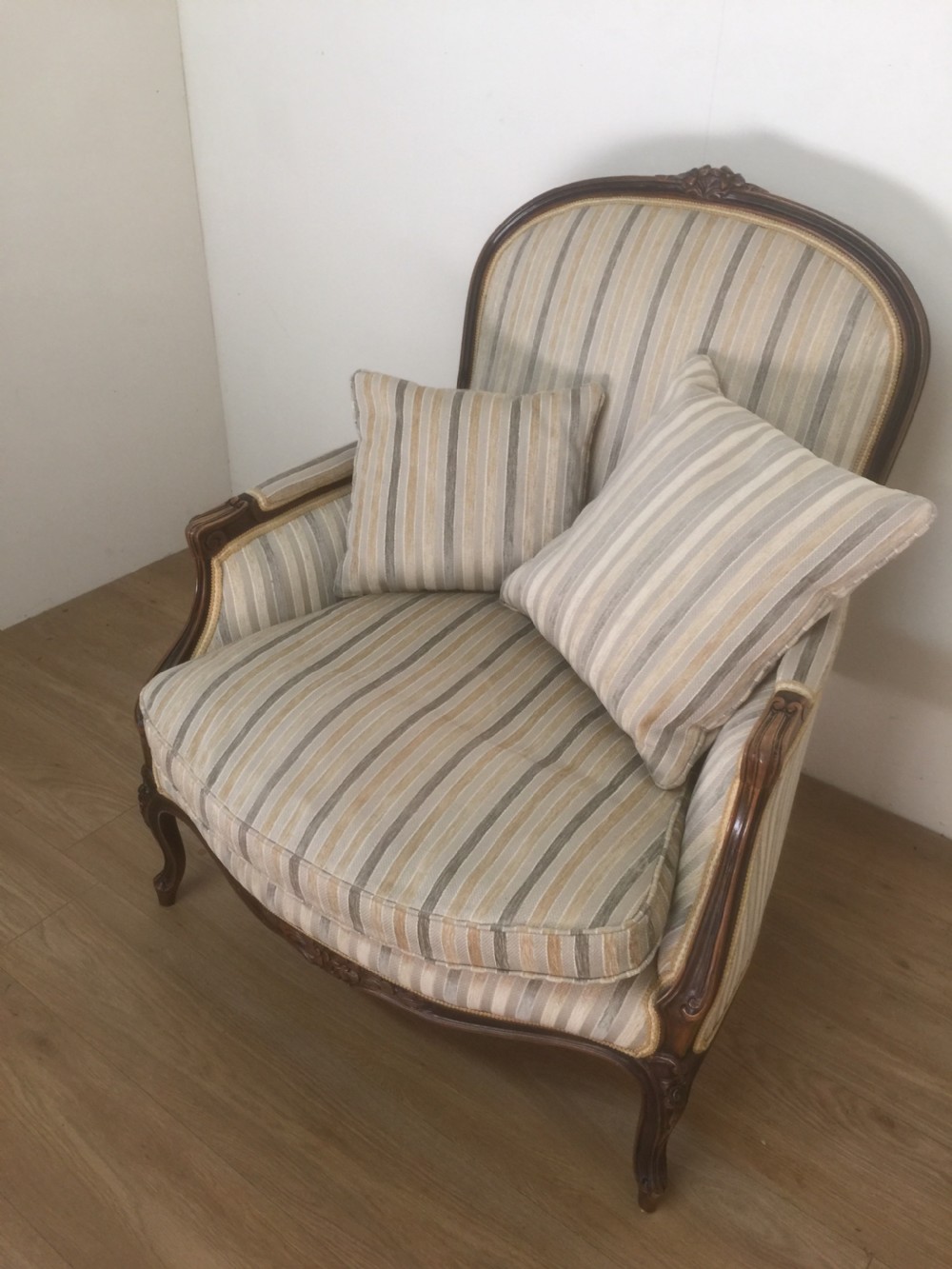Large French style armchair with well shaped and carved frame  View X