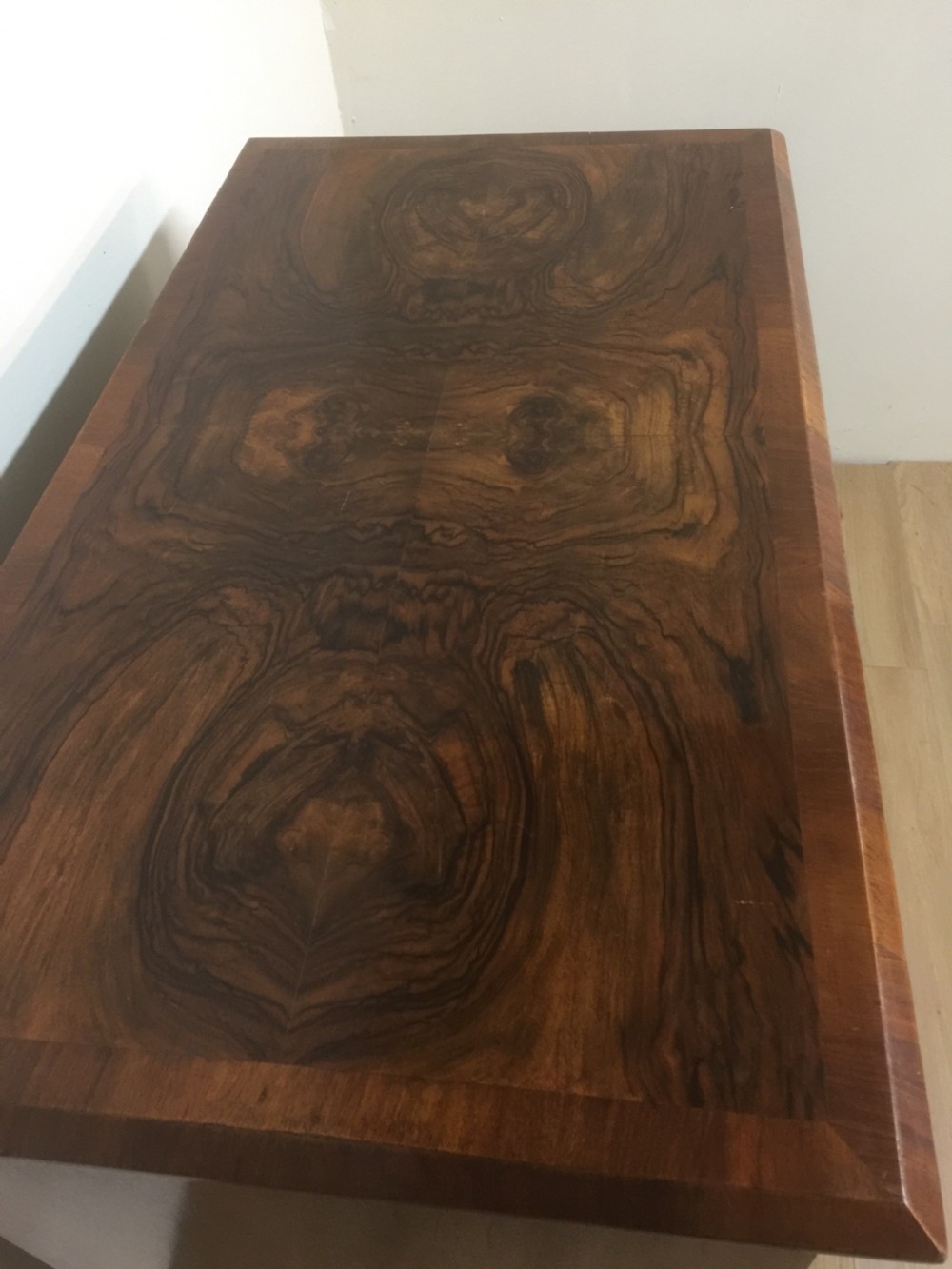 Nineteenth century crossbanded walnut chest of drawers with a dressing slide  View III