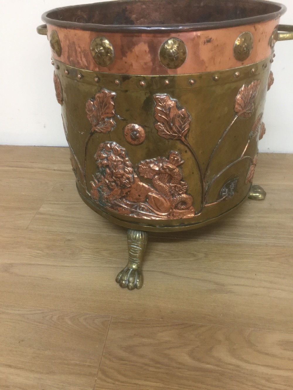 Arts and Crafts Scottish copper and brass log bin  View II
