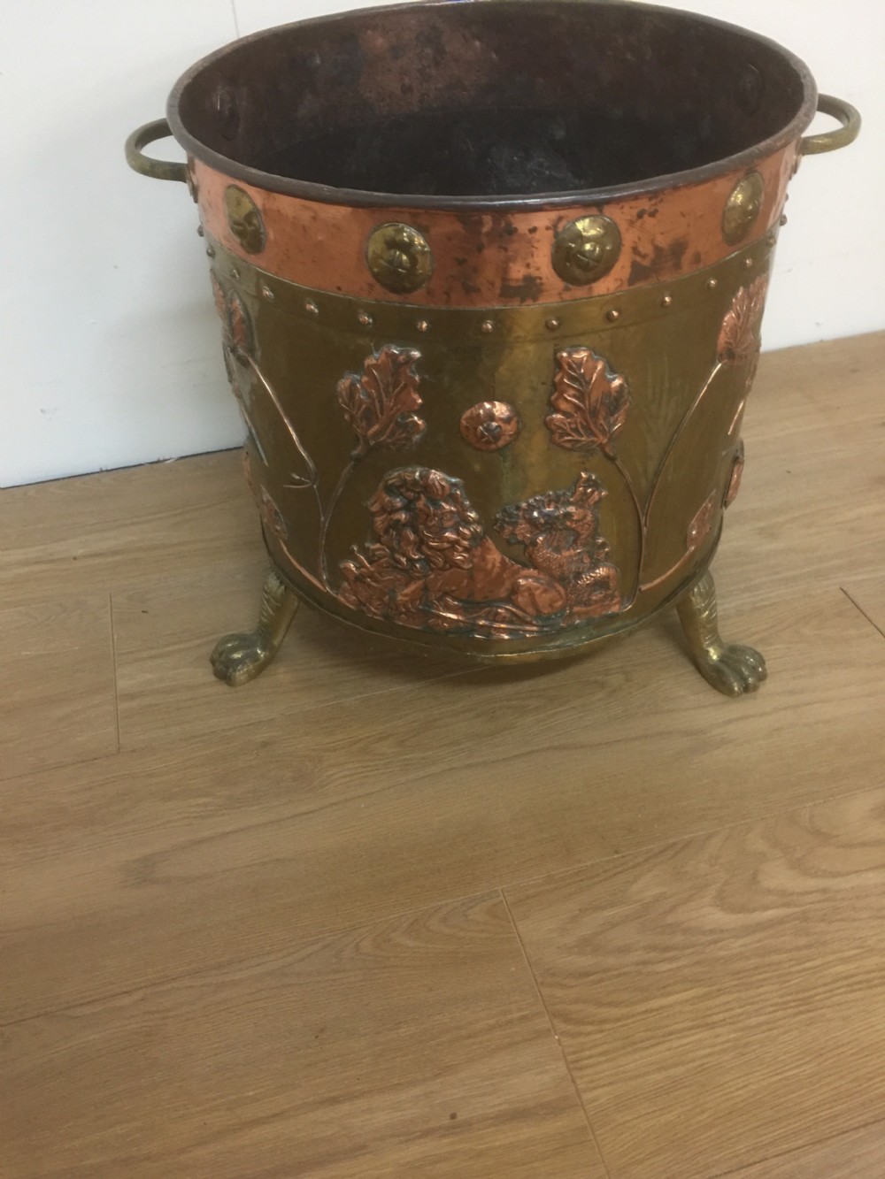 Arts and Crafts Scottish copper and brass log bin  View V