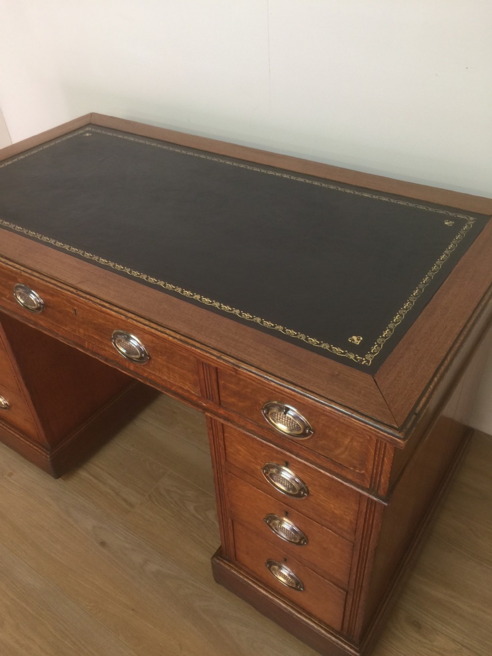 Edwardian golden oak twin Pedestal desk with tooled leather top View II