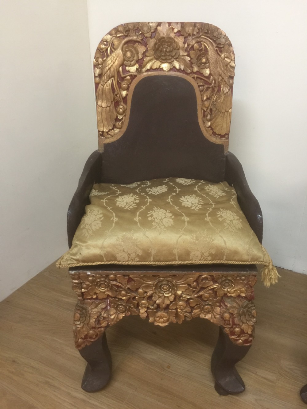 Pair of SE Asian solid wood carved temple chairs circa 1920 View II