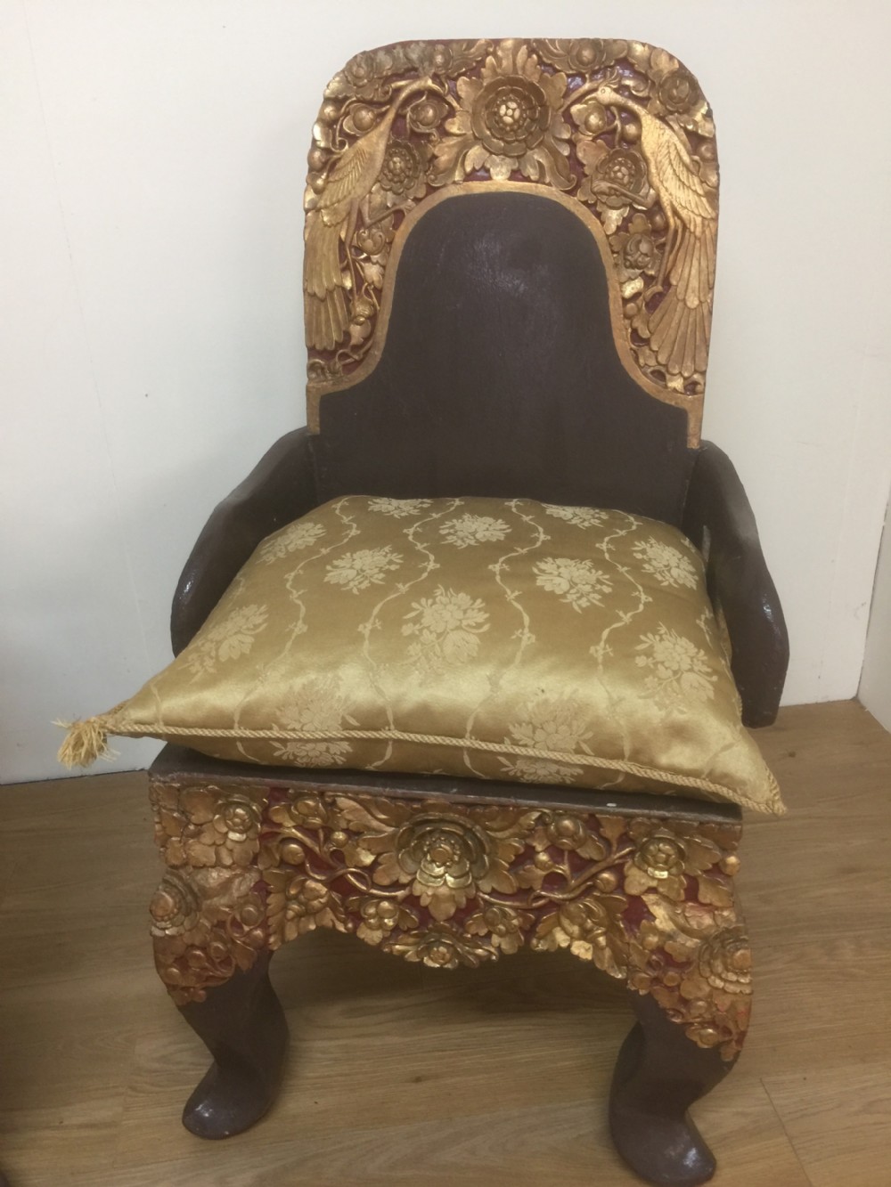 Pair of SE Asian solid wood carved temple chairs circa 1920 View III