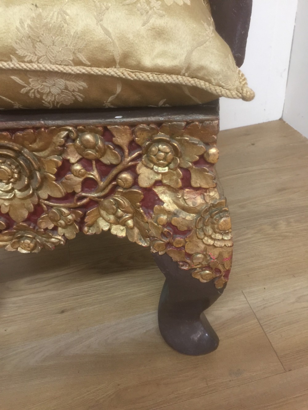 Pair of SE Asian solid wood carved temple chairs circa 1920 View V