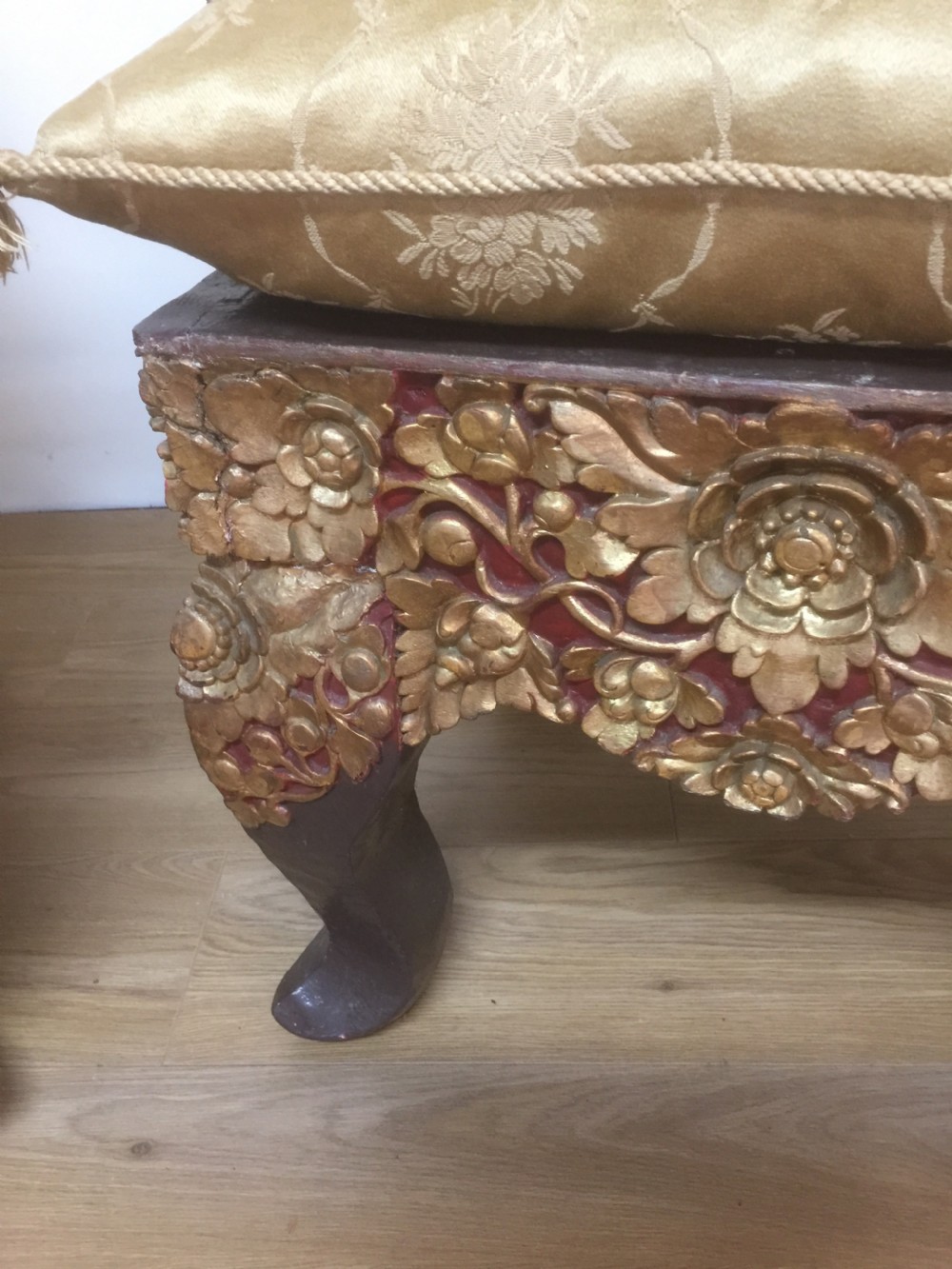 Pair of SE Asian solid wood carved temple chairs circa 1920 View VI