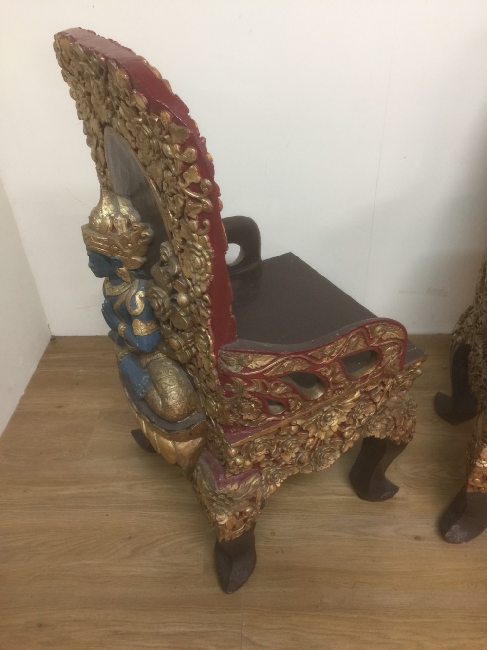 Pair of SE Asian solid wood carved temple chairs circa 1920 View IX