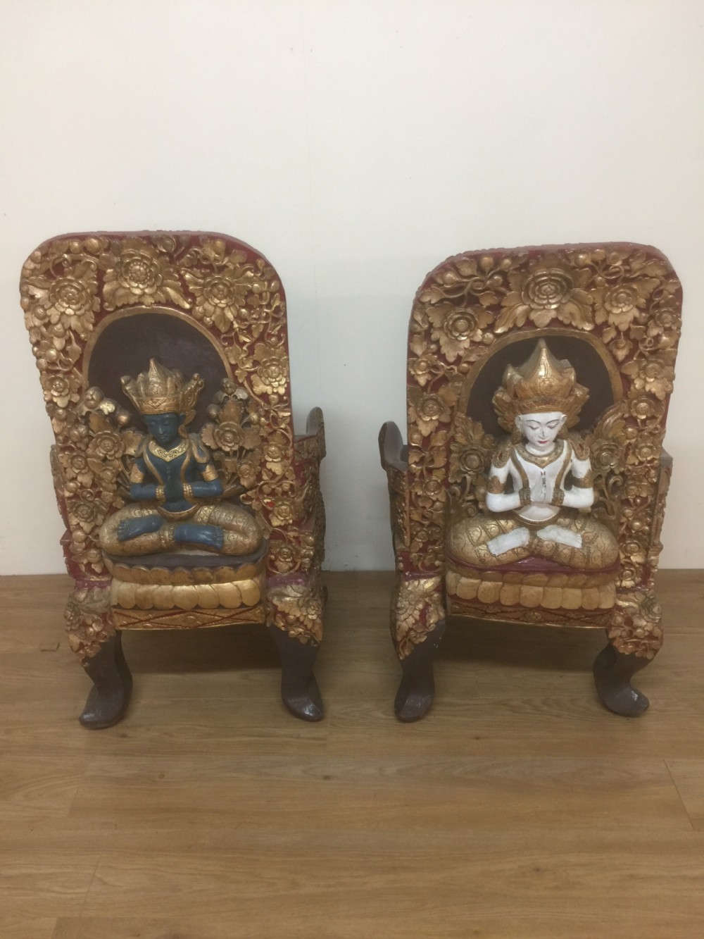 Pair of SE Asian solid wood carved temple chairs circa 1920 View X