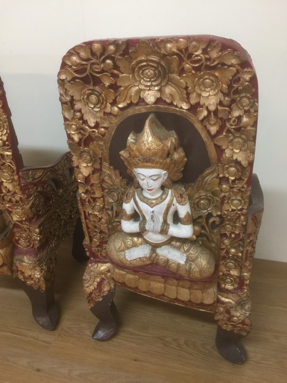 Pair of SE Asian solid wood carved temple chairs circa 1920 View XI