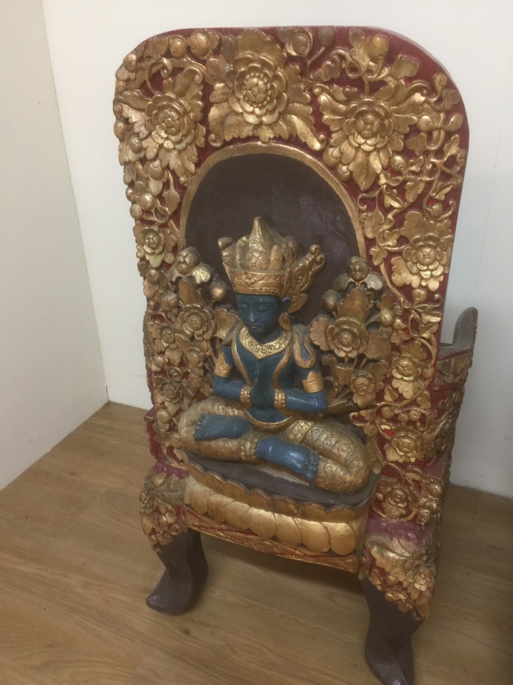Pair of SE Asian solid wood carved temple chairs circa 1920 View XII
