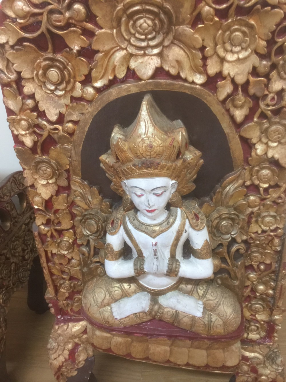 Pair of SE Asian solid wood carved temple chairs circa 1920 View XIII
