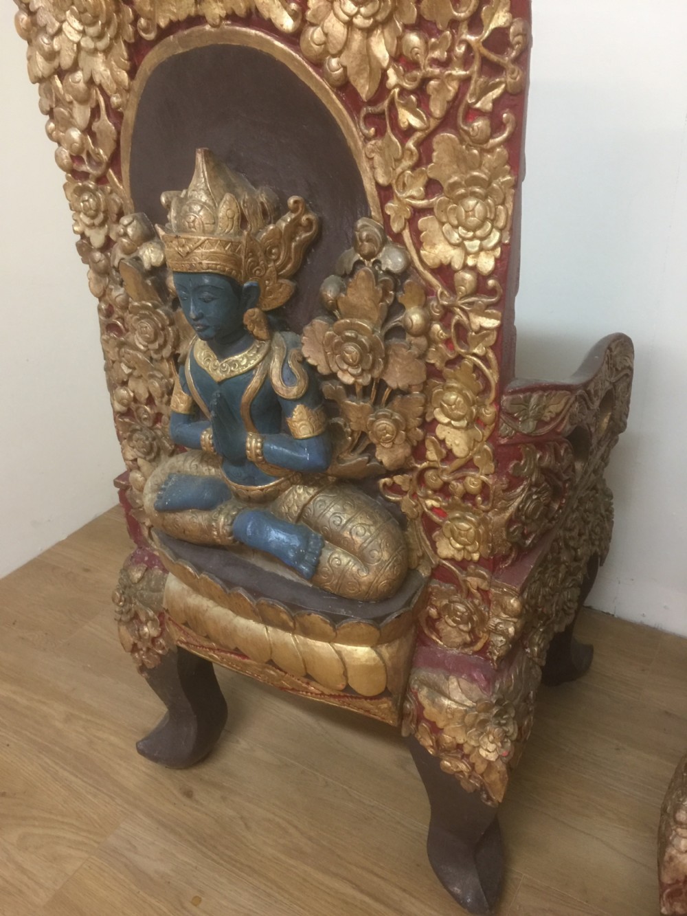 Pair of SE Asian solid wood carved temple chairs circa 1920 View XVII