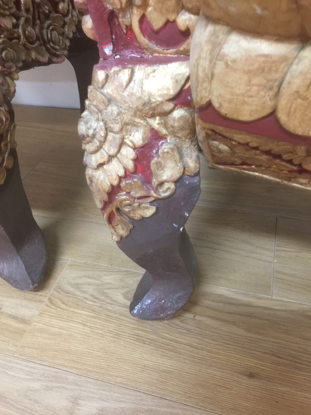 Pair of SE Asian solid wood carved temple chairs circa 1920 View XVIII