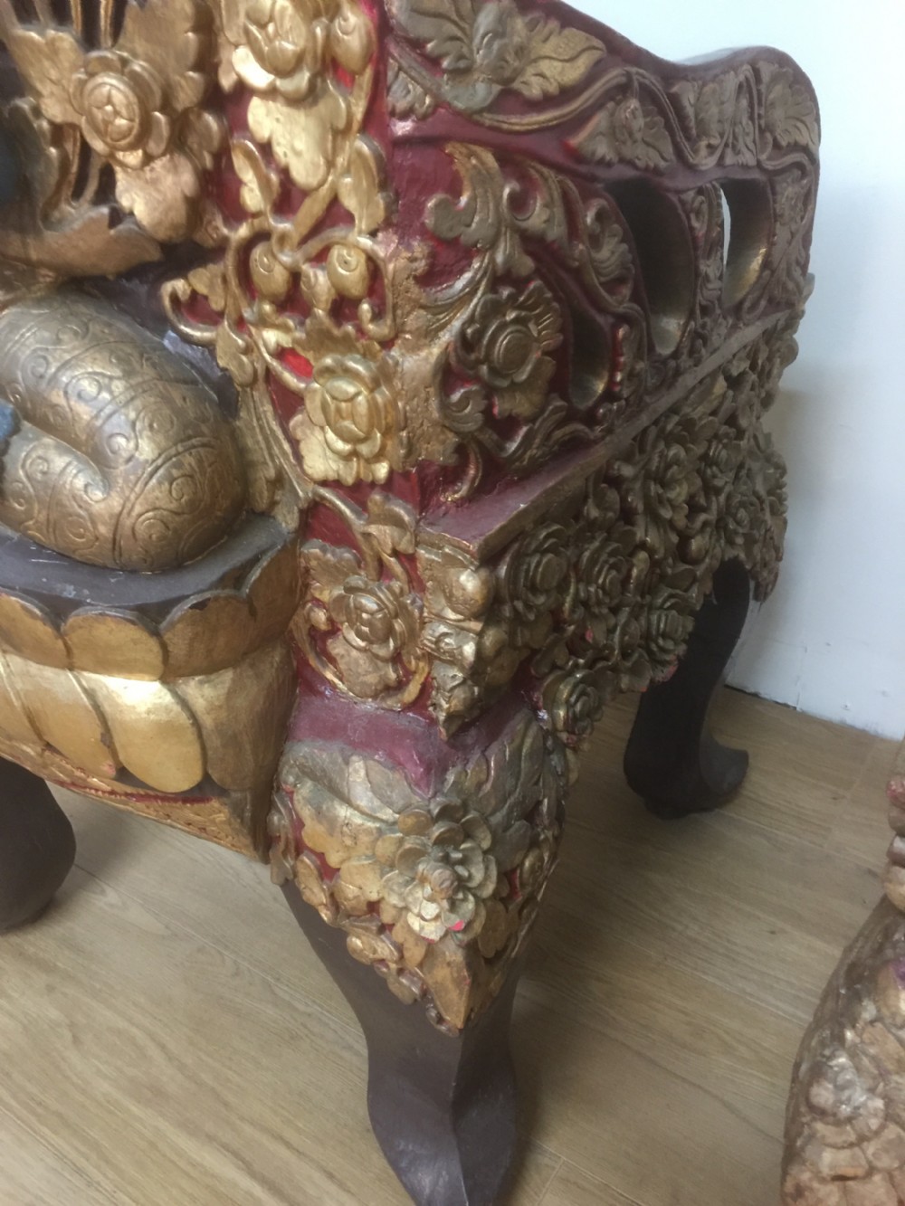 Pair of SE Asian solid wood carved temple chairs circa 1920 View XIX