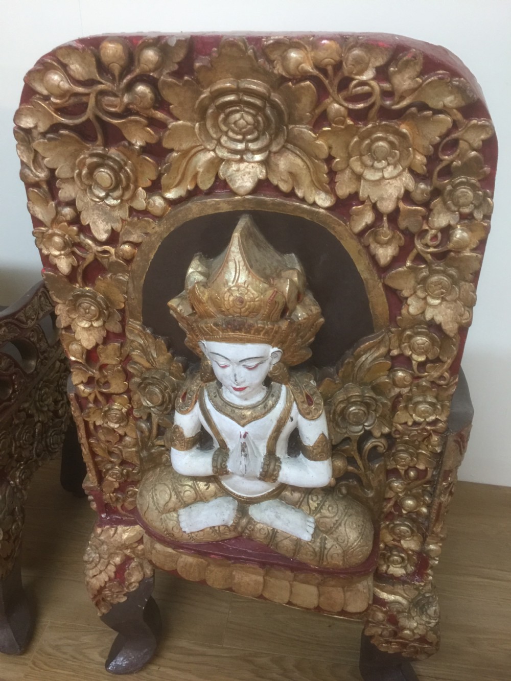 Pair of SE Asian solid wood carved temple chairs circa 1920 View XX