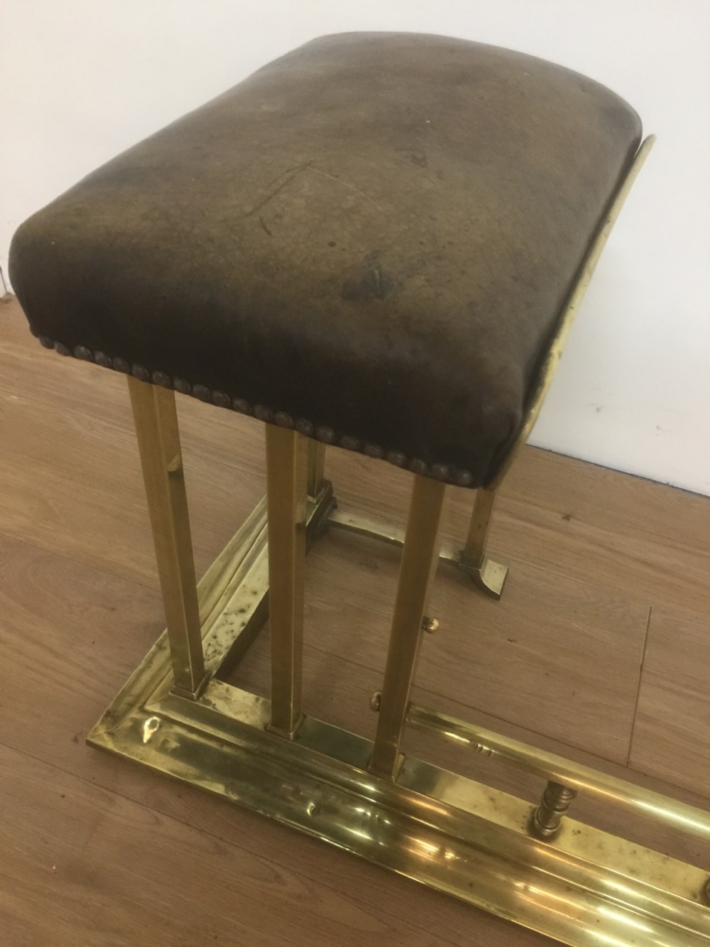 Victorian leather and brass club fender View II