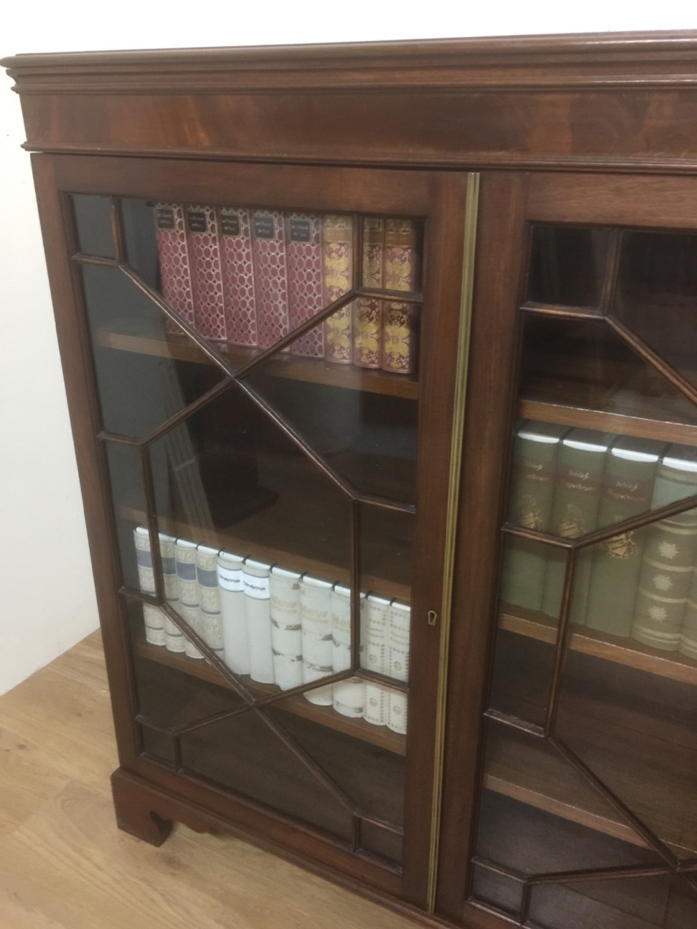 Edwardian mahogany astragal glazed three door bookcase  View II