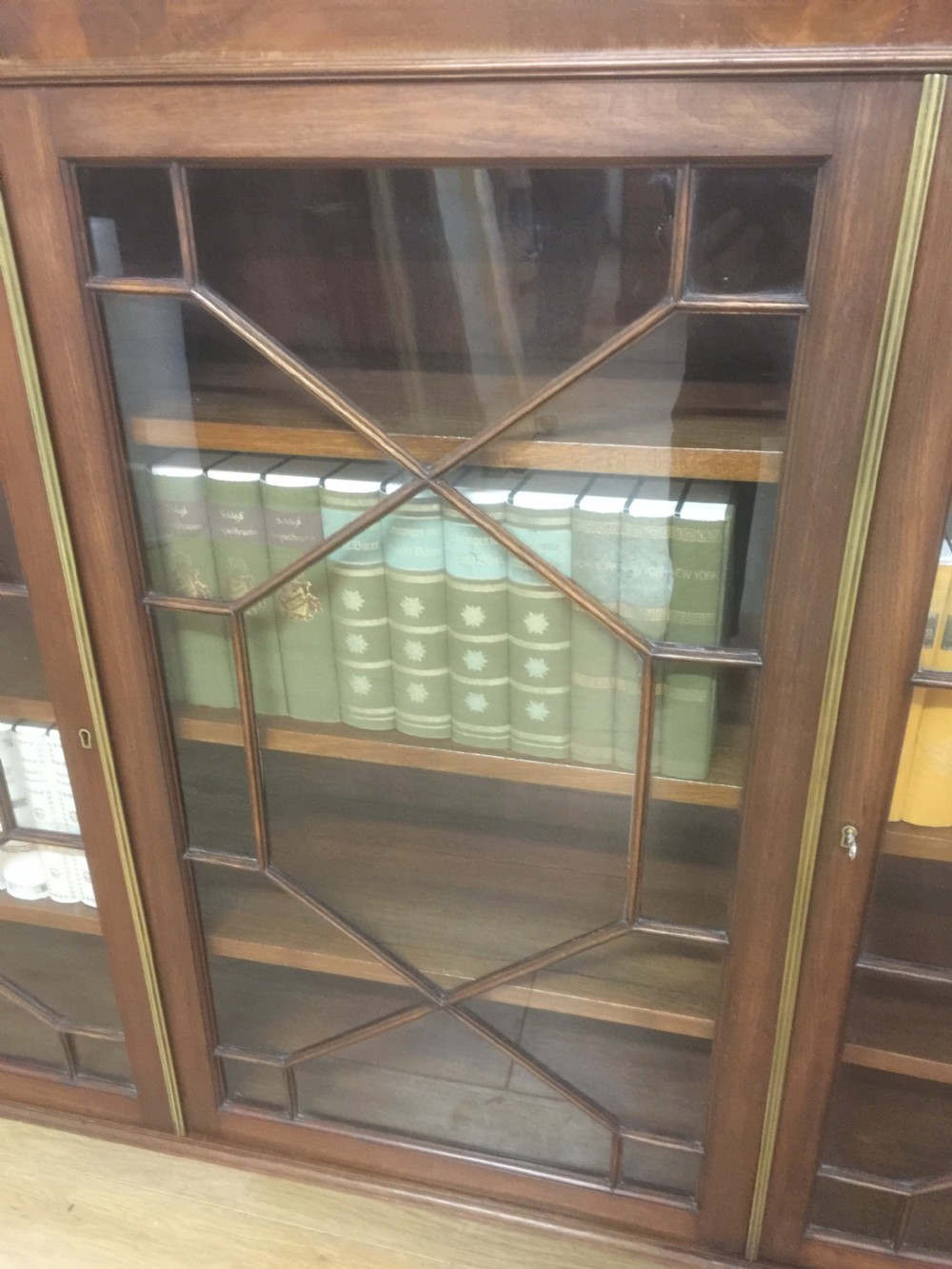 Edwardian mahogany astragal glazed three door bookcase  View III