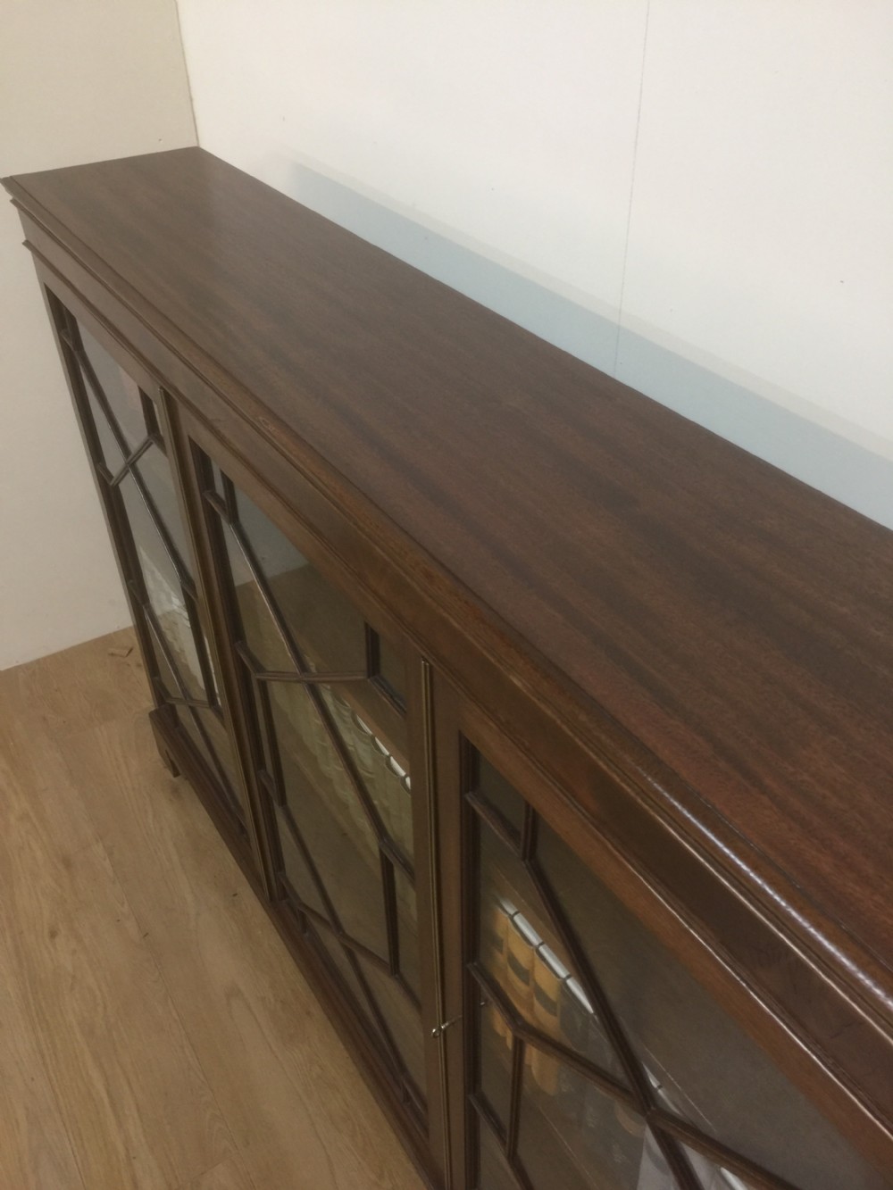 Edwardian mahogany astragal glazed three door bookcase  View V