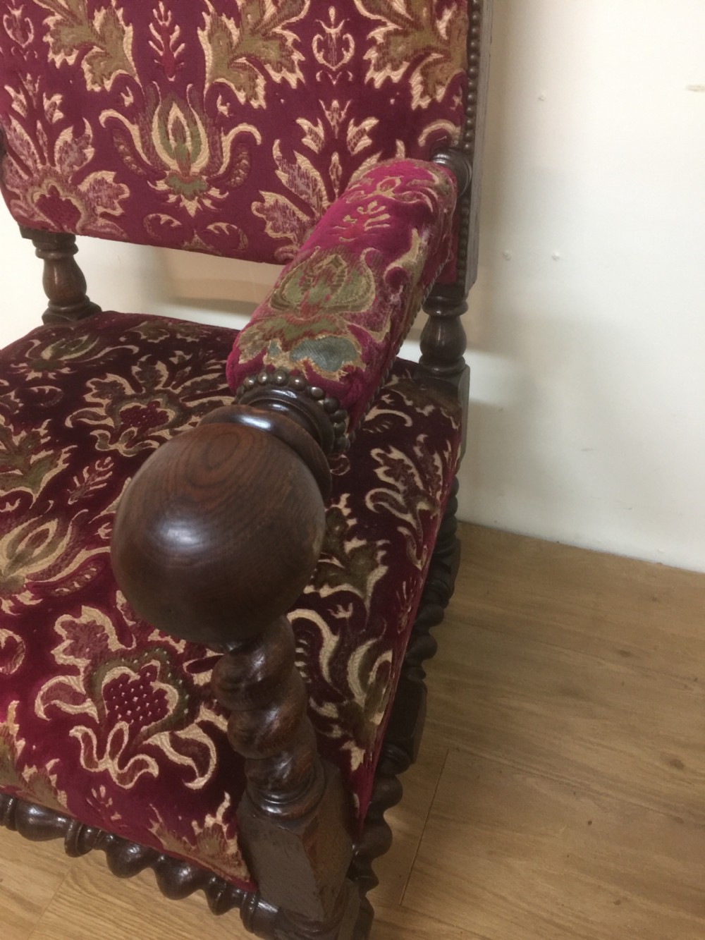 Country house Victorian solid oak Jacobean style armchair  View III