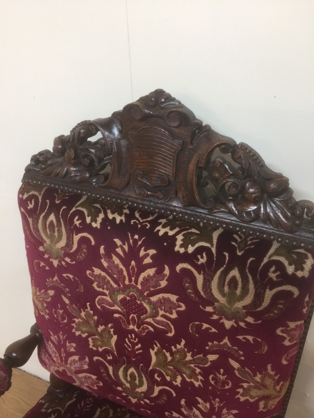 Country house Victorian solid oak Jacobean style armchair  View XII