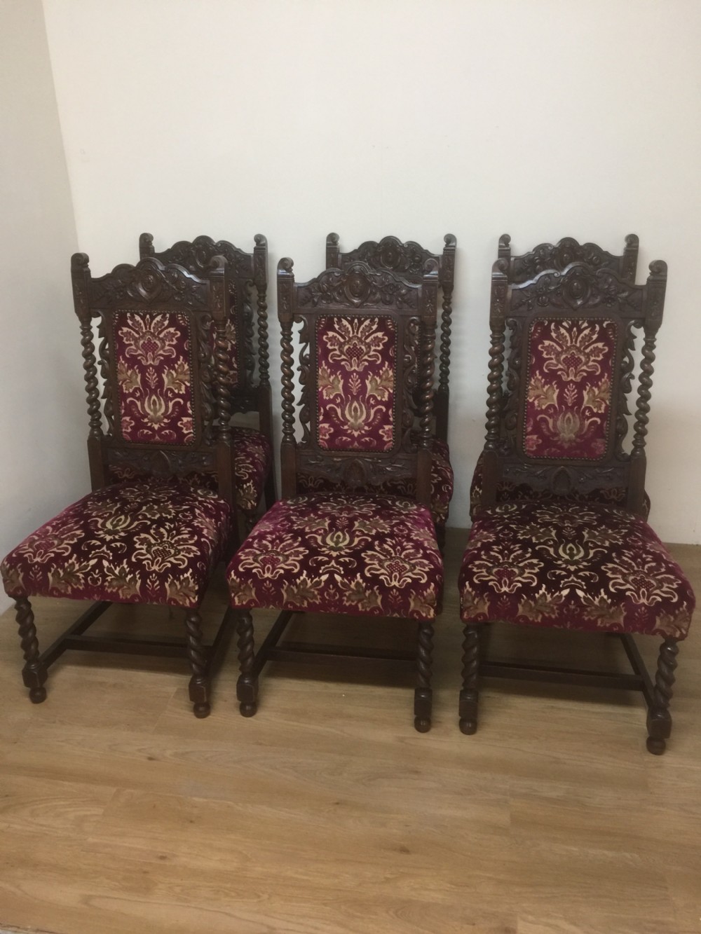 Six Victorian carved Jacobean style country house dining chairs 