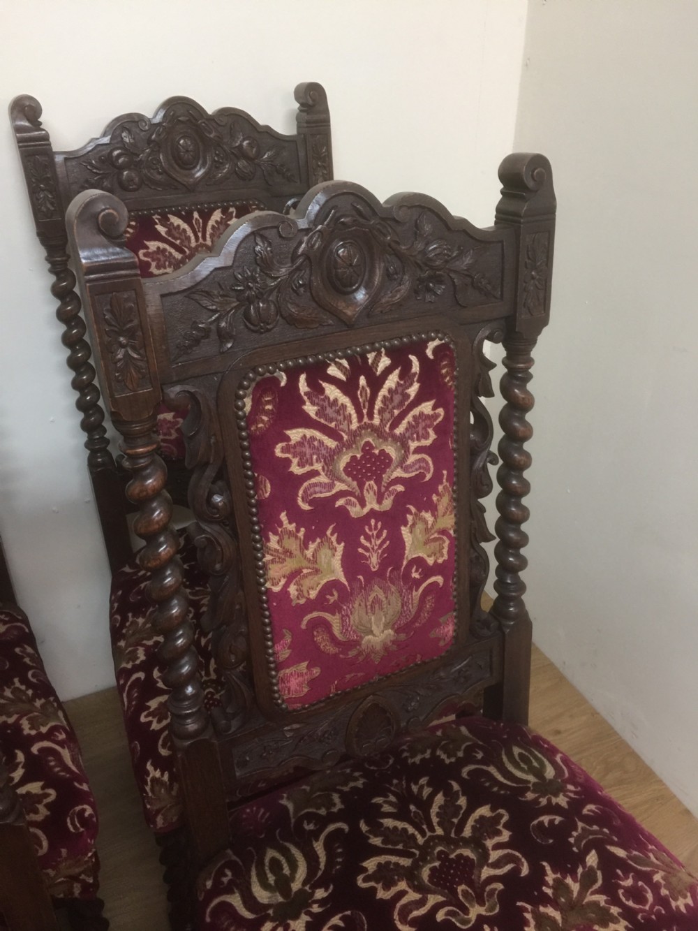 Six Victorian carved Jacobean style country house dining chairs  View II