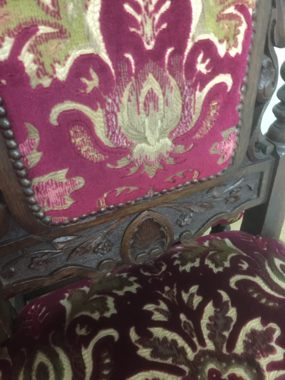 Six Victorian carved Jacobean style country house dining chairs  View V