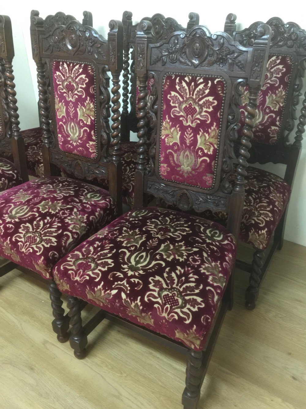 Six Victorian carved Jacobean style country house dining chairs  View X