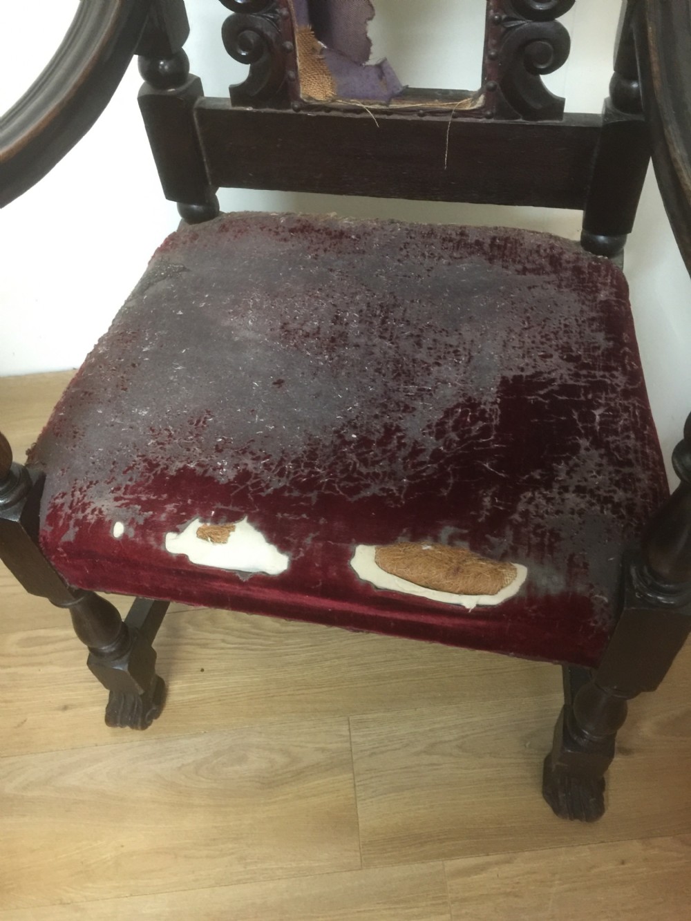 Victorian tall stylised oak hall chair. For restoration View II