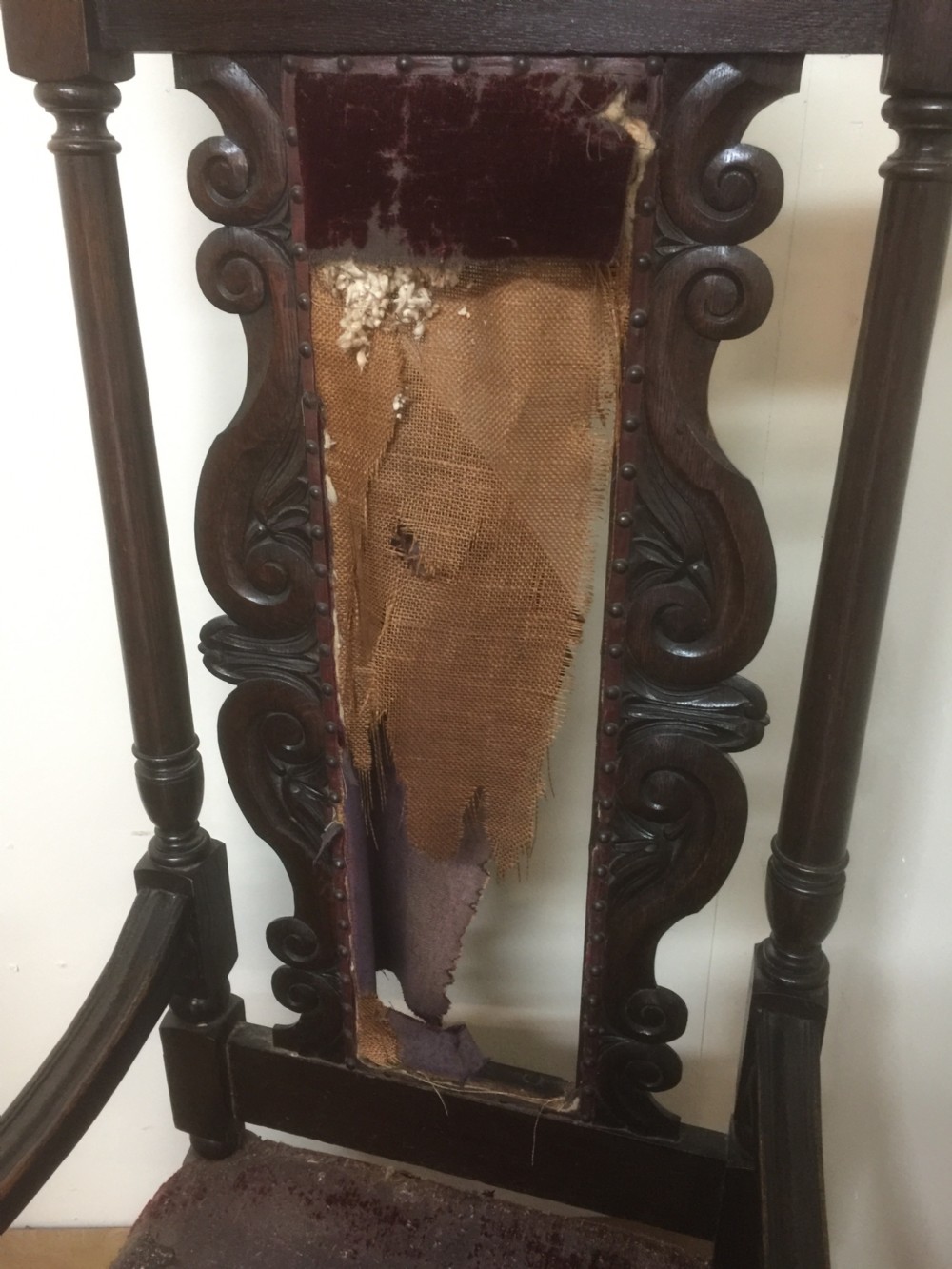 Victorian tall stylised oak hall chair. For restoration View III
