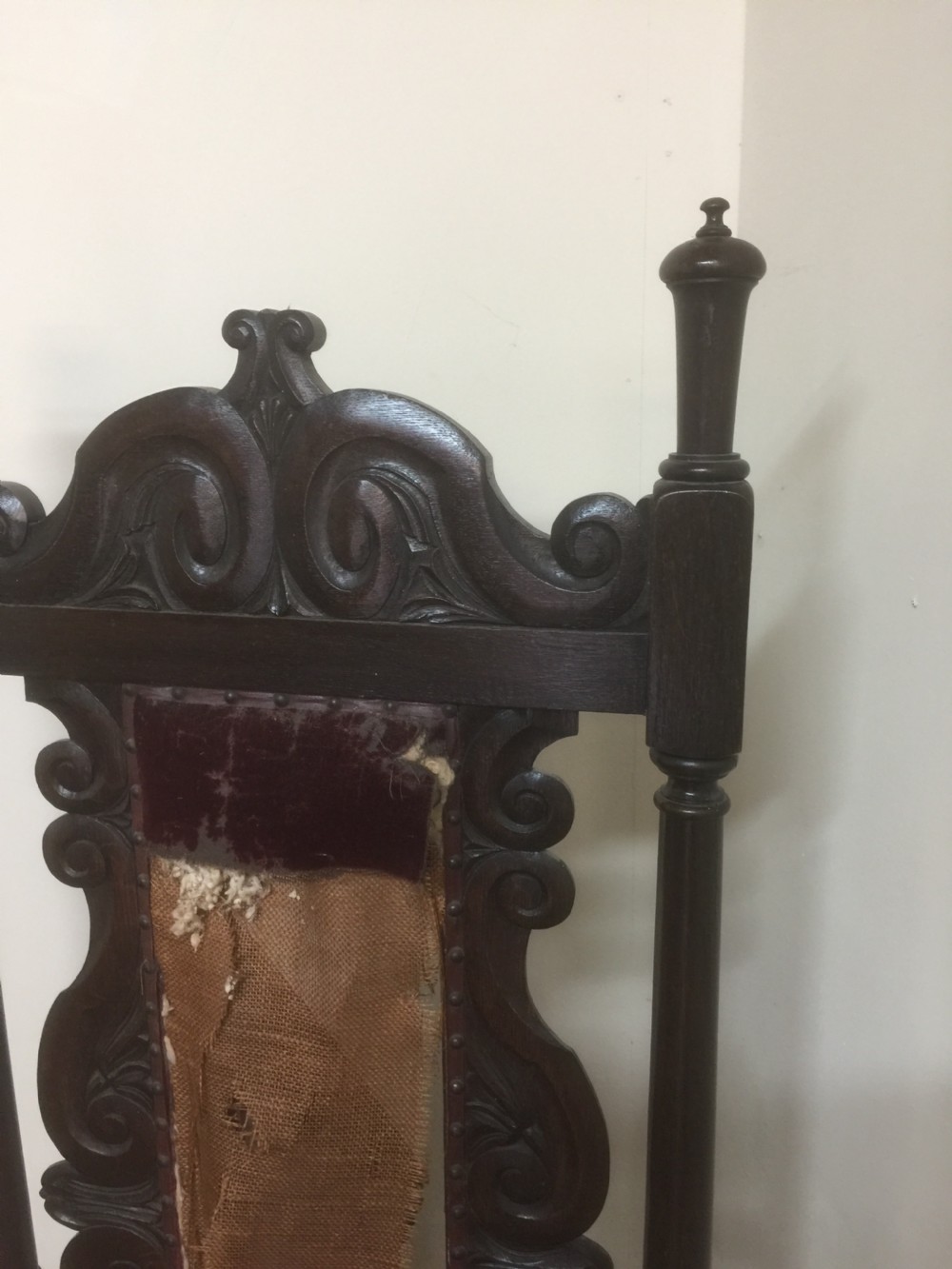 Victorian tall stylised oak hall chair. For restoration View IV