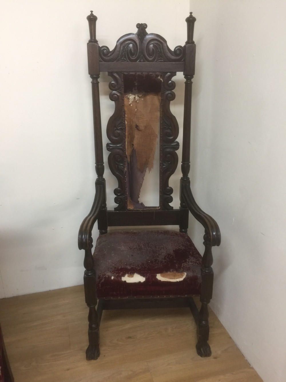 Victorian tall stylised oak hall chair. For restoration View VII