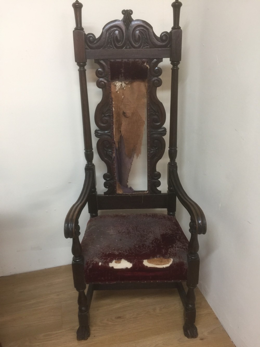 Victorian tall stylised oak hall chair. For restoration View IX