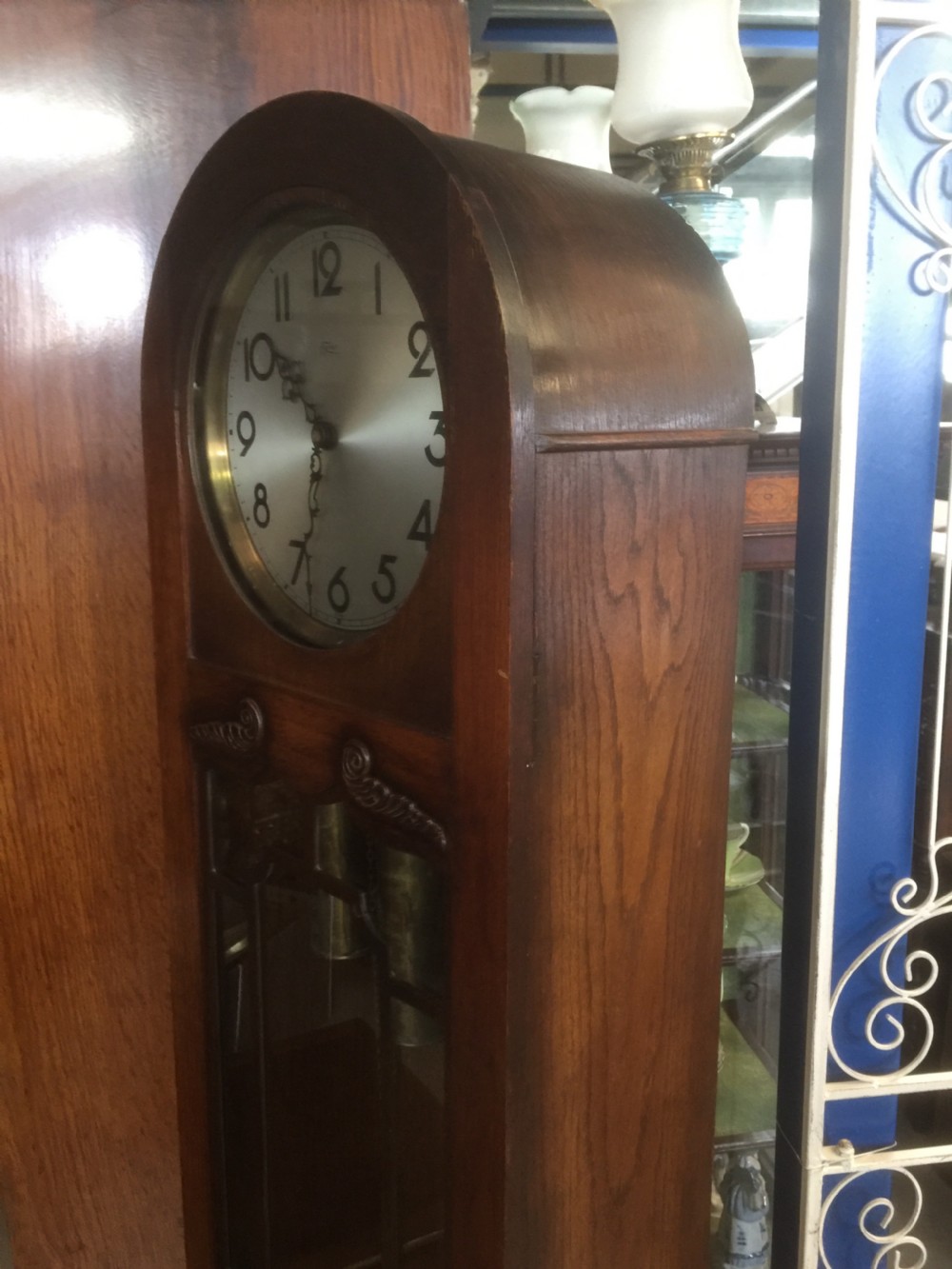 Art Deco oak three weight long case clock Westminster chimes  View III