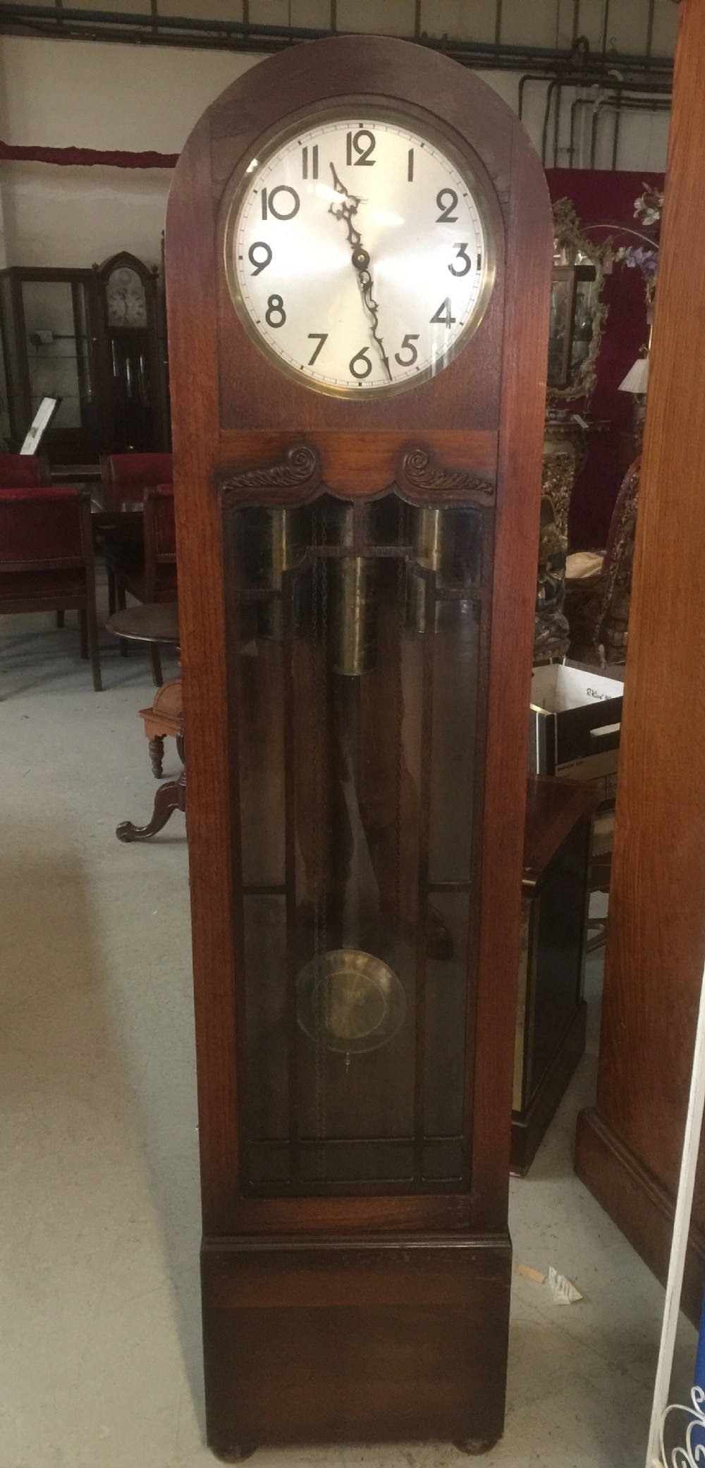 Art Deco oak three weight long case clock Westminster chimes 
