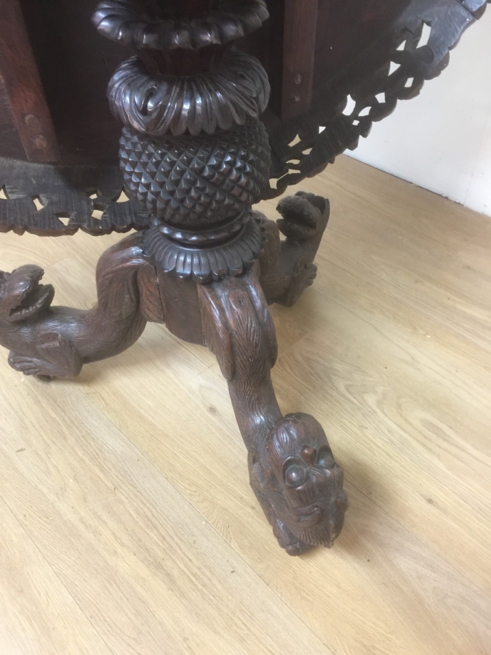Nineteenth century carved oriental tilt top centre table  View XIII