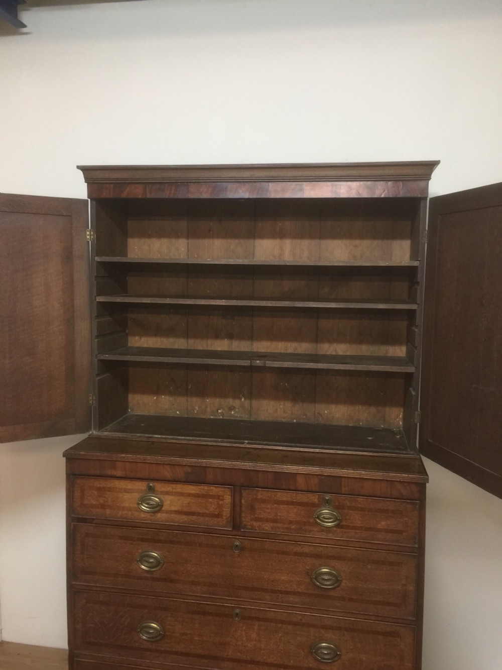 Georgian Oak housekeepers Cupboard crossbanded in Mahogany  View VI
