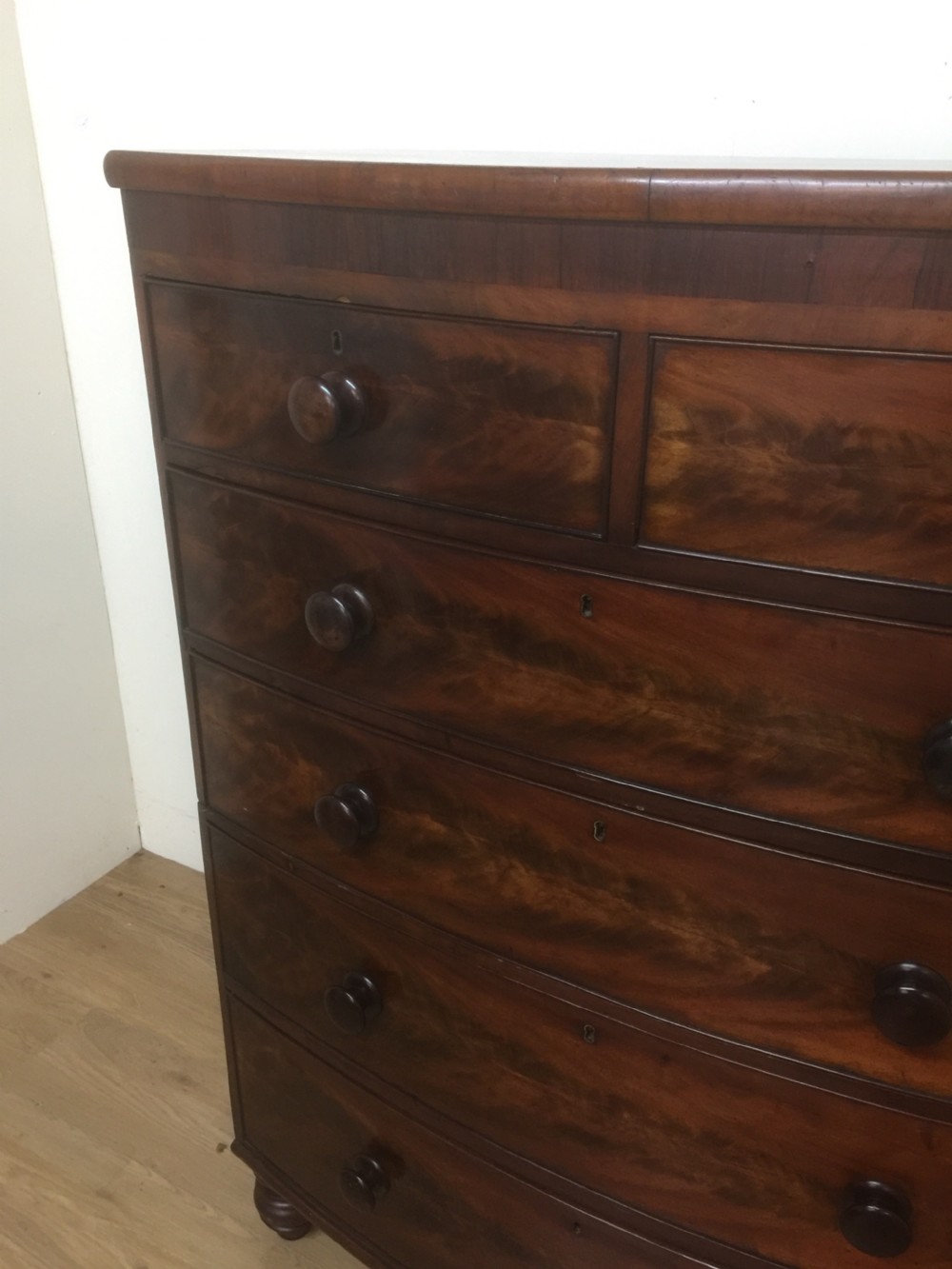 Nineteenth century flame mahogany five height bow fronted chest of drawers  View II
