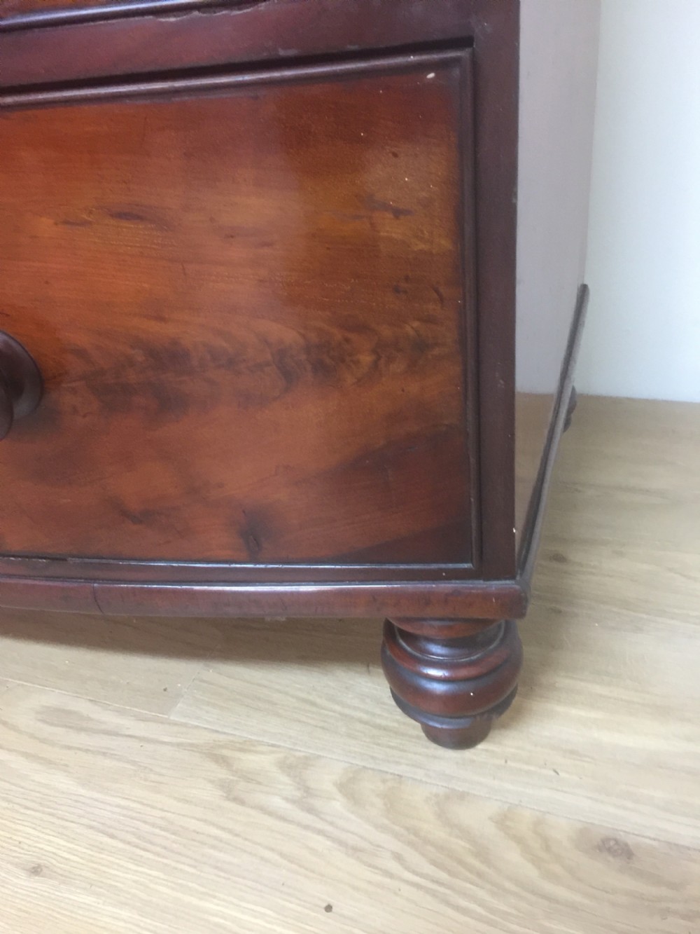 Nineteenth century flame mahogany five height bow fronted chest of drawers  View VI