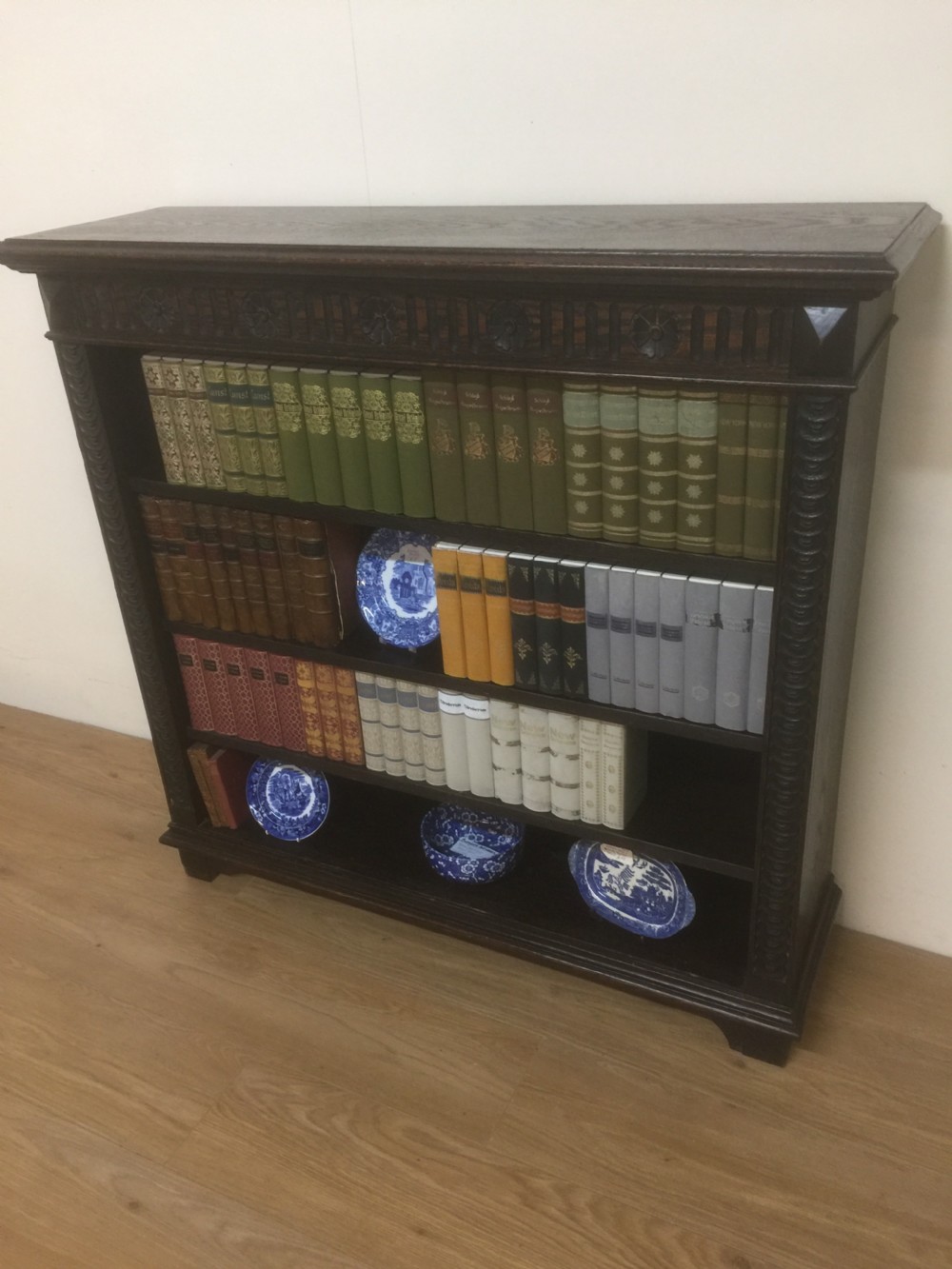 Victorian carved Oak open bookshelves  View II