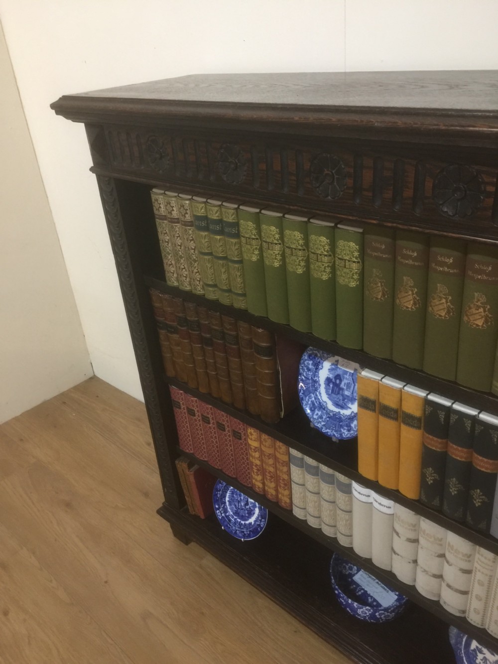 Victorian carved Oak open bookshelves  View III