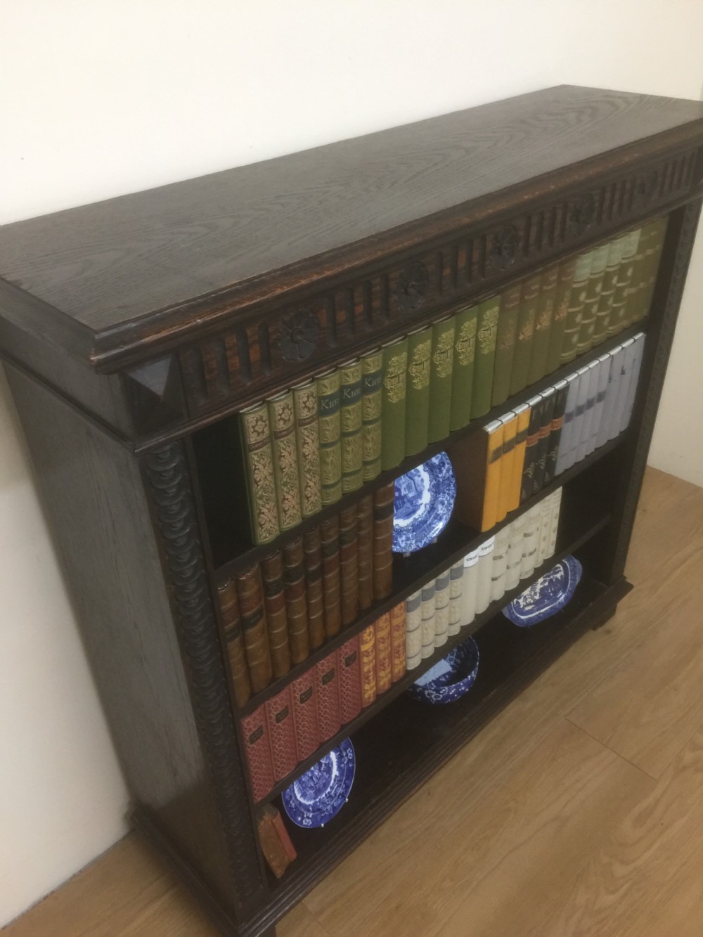 Victorian carved Oak open bookshelves  View X