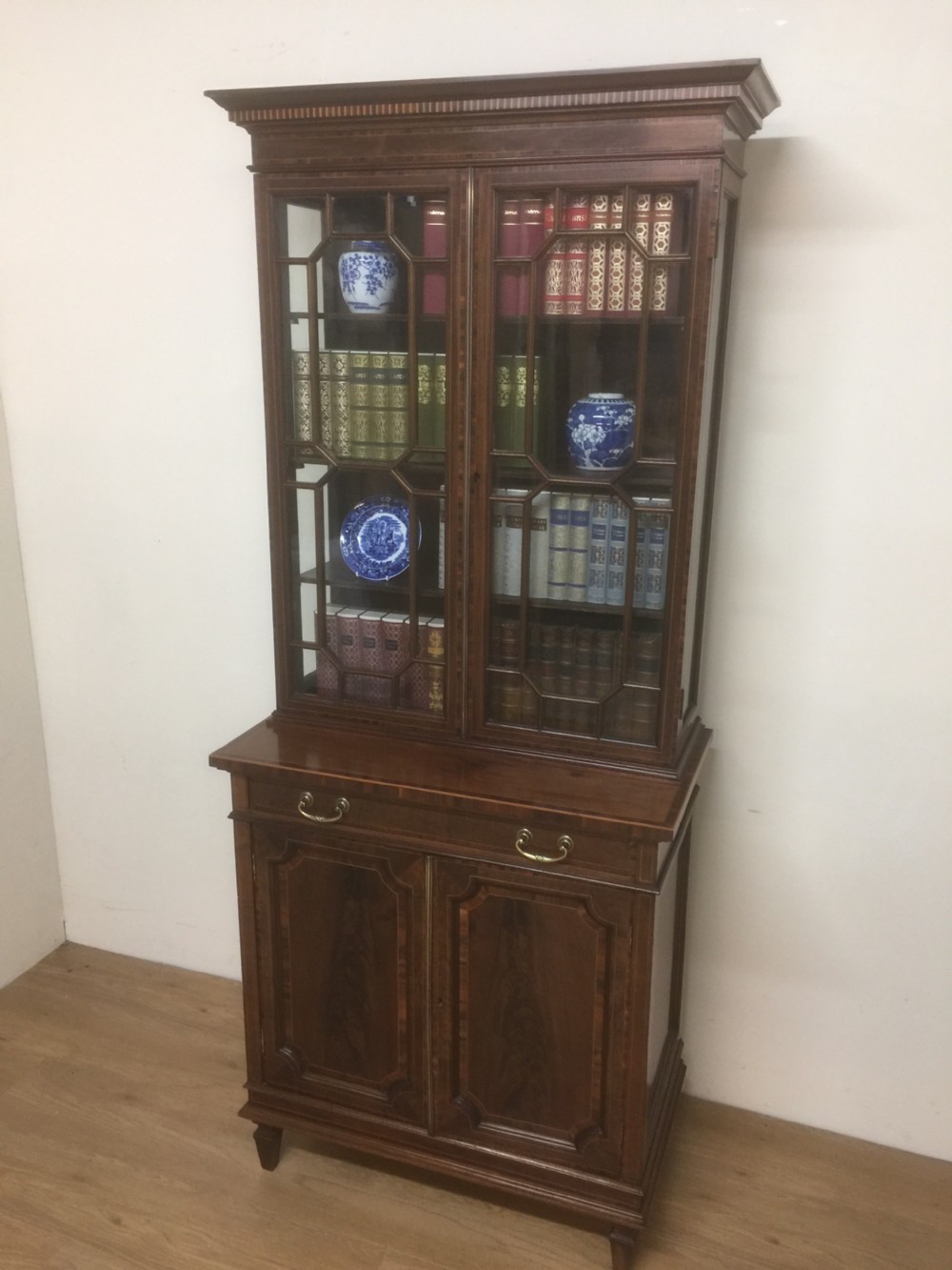 Edwardian Sheraton revival inlaid mahogany Bookcase Over Cupboard by Jewell of London 