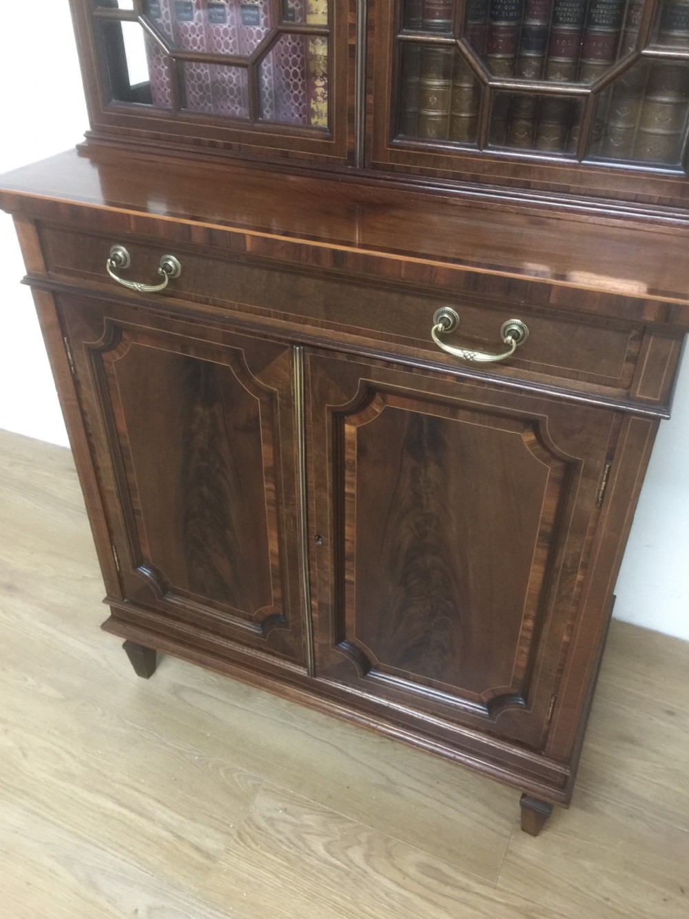 Edwardian Sheraton revival inlaid mahogany Bookcase Over Cupboard by Jewell of London  View II