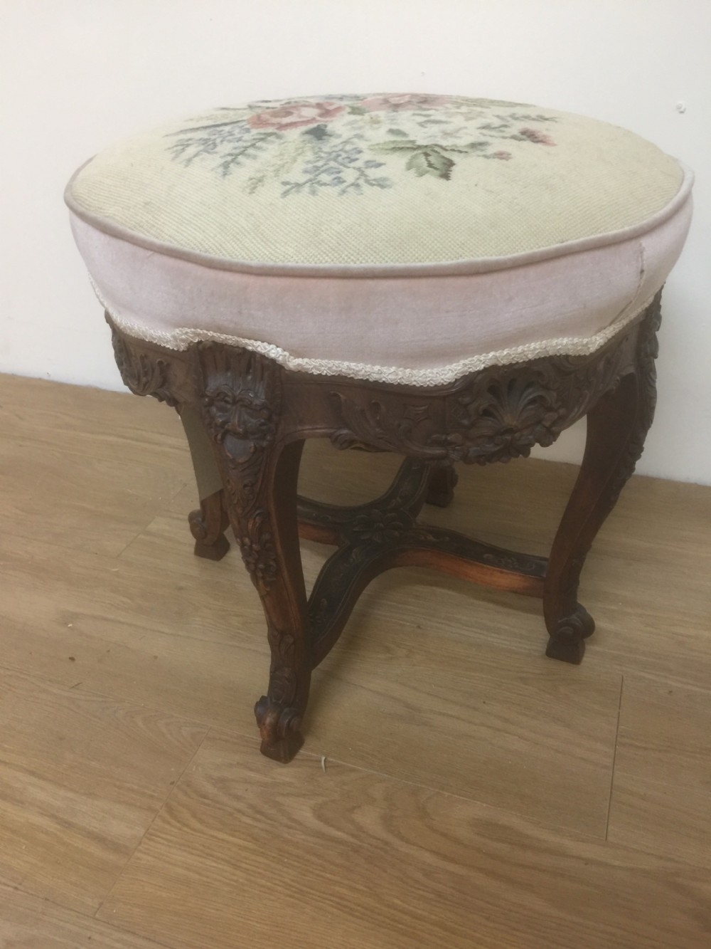 French carved walnut stool on cabriole legs 